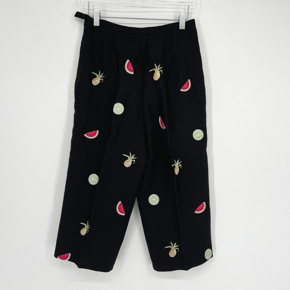Talbots Irish Linen Pants Womens‎ 6P Embroidered Fruit Summer Black Watermelon - Picture 2 of 6